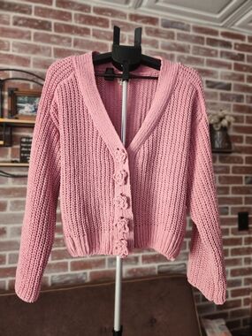 POL Pink Chunky Knit Flower-Button Cardigan